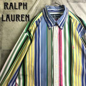 希少 美品 90s RALPH LAUREN ラルフローレン マルチカラーストライプ ボタンダウンシャツ コットン 実寸大きめ L オーバーサイズ