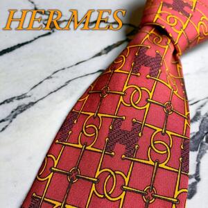 【レア】HERMES エルメス 高級ブランド レッド red 赤 エルメスオレンジ ネクタイ シルク100% ファソネ H 総柄 でかロゴ