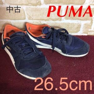 【売り切り!送料無料!】A-336 PUMA!スニーカー!紺色!ネイビー!オレンジ!26.5cm!普段ばき!ウォーキング!中古!