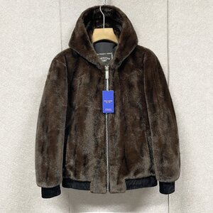 豪華毛皮・ミンク/カシミヤ混・ファーコート 定価10万◆Emmauela・イタリア・ミラノ発◆ 厚手 ソフト 防寒 艶 フート付き ジャケット XL/50