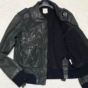 極希少XXLサイズ◎ DIESEL【漢の戦闘服】 ディーゼル レザージャケット シングルライダース 牛革 ブルゾン チャコールグレー 黒 メンズ