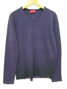 【送料込】 HUGO HUGO BOSS ヒューゴヒューゴボス 【メンズ】 ニット パープル×ブラック 千鳥格子 綿 絹 カシミヤ Vネック sizeＭ/964708