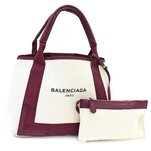 1円 ◆BALENCIAGA バレンシアガ ハンドバッグ トート ネイビーカバス S キャンバス レザー ホワイト ボルドー◆K.Cme.tI-14