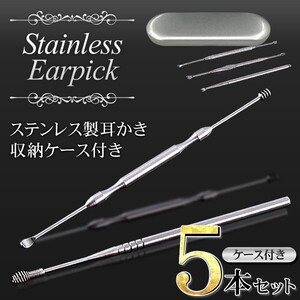 耳かきセット ステンレス 5本 耳垢 クリーナー 携帯 耳かき ヘラ スパイラル スプリング 専用ケース 水洗い可能 ステンレス耳かきセット