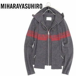 美品◆MIHARA YASUHIRO ミハラヤスヒロ ノルディック柄 ジップ フーデッド デザイン ニット カーディガン チャコールグレー×レッド S