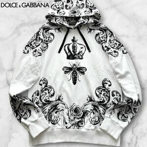 極美品/3L相当◎ドルチェ&ガッバーナ 王冠 クラウン 蜂 バロック 総柄 DOLCE&GABBANA プルオーバー パーカー フーディー スウェット 白 52