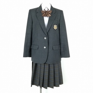 1円 ブレザー チェックスカート リボン 上下4点セット 指定 大きいサイズ 冬物 女子 学生服 京都東稜高校 グレー 制服 中古 ランクB NA0822