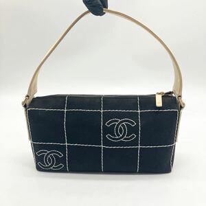 希少 CHANEL シャネル アクセサリーポーチ ハンドバッグ ワンショルダー ココマーク チョコバー ワイルドステッチ ブラック