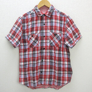 Z■ビームス/BEAMS WORKCLOTHINGミディアムフィット半袖ワークシャツ■赤系【メンズM】MENS/22【中古】■