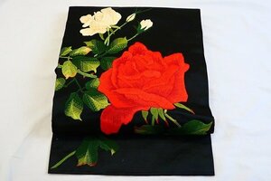 【着物フィ】アンティーク 名古屋帯 黒 バラ 薔薇 刺繍 3m38cm 大正ロマン レトロ お洒落 正絹 仕立て上がり 17026