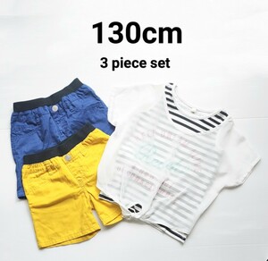 130cm★3点set★美品★カラーショートパンツ★レイヤードトップス 女の子 半袖 カジュアル系等 子供服 Tシャツ