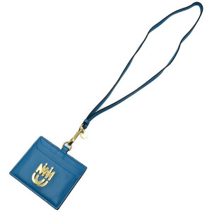 美品 ミュウミュウ レザー ゴールド金具 ブルー ストラップ付き カードケース 0066 MIUMIU