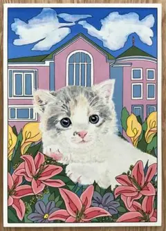 子猫　洋風の家と花　木の板　手描き　水彩画　一点もの