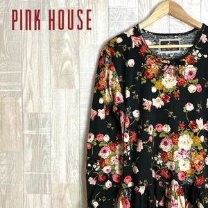 M4234 PINK HOUSE ピンクハウス　長袖ワンピース　黒　花柄　総柄　ロング丈ワンピース　マキシ丈ワンピース　綿100％　日本製