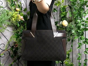 ●超美品●GUCCI グッチ●GGデニム カーフ レザー 本革●トート バッグ●黒 ブラウン●SV金具●イタリア製●肩掛け●B5 かばん●Js47575