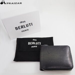 BERLUTI ベルルッティ イタウバ スクエア スクリットレザー ジップウォレット ファスナー 2つ折り ブラック ケース・収納袋付 [65107]