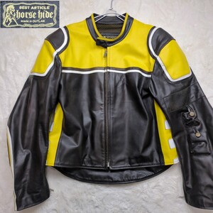 【希少 XL相当】HORSE HIDE ホースハイド シングルライダースジャケット レザージャケット 馬革 本革 バイカー 黄 黒 サンダー 稲妻 メンズ