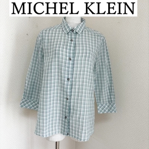 MICHEL KLEIN ミッシェルクラン レディース シャツ 7分袖 リネンブレンド チェックシャツ ライトブルー レギュラーカラー