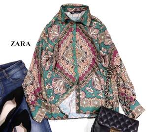 ザラ ZARA 大人素敵スタイル☆ 微光沢 とろみ スカーフ風 総柄 シャツ ブラウス S