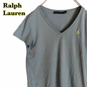 Ralph Lauren ラルフローレン　半袖Tシャツ　Vネック　ワンポイント刺繍　水色　レディース　Sサイズ　【AY0167】