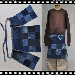 ▼Denim apron half size デニムエプロン　ハーフサイズ　パッチワーク　前掛け　DE24-4TH02 アウトドアキャンプDIYガーデニングリメイク