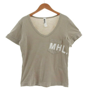 マーガレットハウエル MHL. Ｔシャツ 578-168076 Uネック 胸ポケ ロゴプリント 半袖 日本製 コットン グレージュ 2 レディース