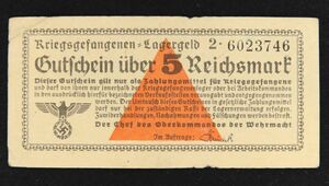 【ナチス鉤十字】第二次世界大戦ドイツ捕虜収容所紙幣 5ライヒスペニヒ（1939-44）[A394]