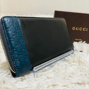 1円《希少色》GUCCI グッチ GG マイクロシマ バイカラー レザー ラウンドファスナー ジッピー 長財布 黒 ブラック 緑 グリーン メンズ