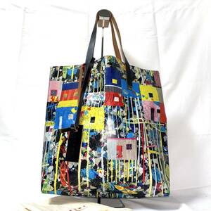 1円 極美品 MARNI Roger Mello PVC トートバッグ レザー チャーム 総柄 TRIBECA マルニ ハンド ワンショルダー 肩掛け コラージュ コラボ