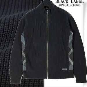 新品1円～★定価3.7万 BLACK LABEL ブラックレーベル クレストブリッジ メンズ ジップアップハイネックカーディガン M チェック 黒◆4771◆