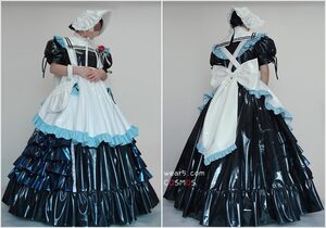  実物撮影オリジナルメイド服ーカテゴリ：オリジナル 紺/ネイビー 光沢エナメルコスプレ衣装 風(ウィッグ 靴別売り)