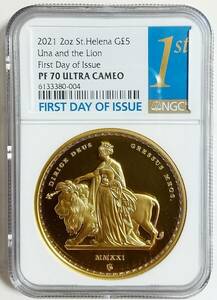 2021年 セントヘレナ ウナとライオン 5ポンド 2オンス プルーフ金貨 NGC PF70 ULTRA CAMEO First Day of Issue マスターピースコレクション