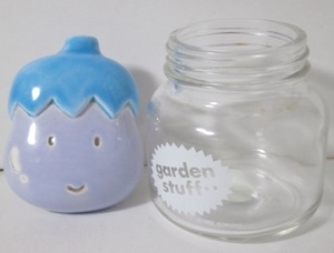 昭和レトロ ヤングコクヨ 陶器製 替蓋 なすび ＆ ガラスボトル ファンシー雑貨 YOUNG KOKUYO Garden Stuff 80s 80年代 瓶カバー キャップ
