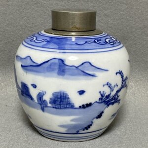 道八 錫口 染付 山河図 茶壷 茶入 陶器製 錫蓋 約286g 高さ約9.5cm 陶器 陶芸 煎茶道具 ■ 茶道家所蔵品 ■ 松1443 三