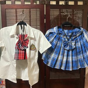 ファッション衣類　☆　廃番古着　コスプレ衣装　学生服　半袖シャツ　リボン・スカート２種　Ｌサイズ　ユニセックス　クールジャパン