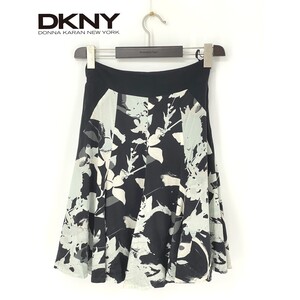 A9843/極美品 春夏 DKNY DONNA KARAN ダナキャラン シルク 総柄 花柄 モザイク 膝丈 ミモレ丈 フレア スカート 2 M程 白 黒 レディース