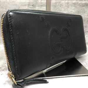 【現行品】 グッチ GUCCI 長財布 ジャイアントGG エンボス 453393 GG柄 ラウンドファスナー レザー メンズ ビジネス ジッピーウォレット 黒