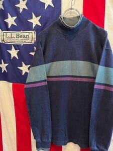 ★80s★USA製★L.L.Bean★エルエルビーン★モックネック長袖Tシャツ★ロンＴ★配色ライン★ネイビー★紺★Lサイズ相当★ヴィンテージ★