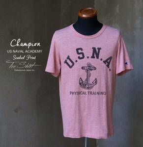 チャンピオン Champion 復刻トリコタグ U.S.N.A. PHYSICAL TRAINING 染み込みプリント ピンク 霜降り 半袖 Tシャツ M