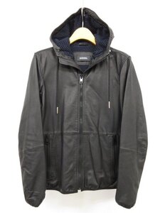 美品【ディーゼル DIESEL】00E8F202 羊革 フード付きラムレザーブルゾン パーカー (メンズ) size46 ブラック □17MB3709□