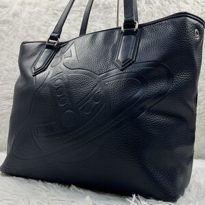 美品◎Vivienne Westwood トートバッグ レザー シボ革 オーブ ヴィヴィアンウエストウッド 肩掛け 大容量 ネイビー 紺色