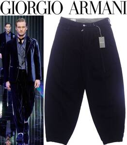 新春SALE！275,000円新品GIORGIO ARMANI★圧倒的な美しさがジョルジオのベルベット。深タック太シルエット濃紺パンツ【54＝38インチ】