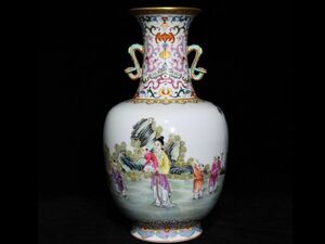 【瓏】陶磁器 粉彩仕女帯子図双耳瓶 大清乾隆年製 染付 置物擺件 古賞物 中国古美術 蔵出