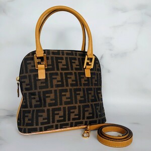 1円 FENDI フェンディ ズッカ柄 キャンバス×レザー FF金具 2way ハンドバッグ ショルダーバッグ ヴィンテージ ベージュ