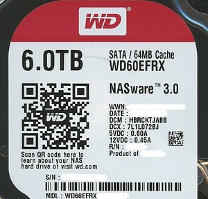 【中古】Western Digital製HDD WD60EFRX 6TB SATA600 0～100時間以内 [管理:1050008619]