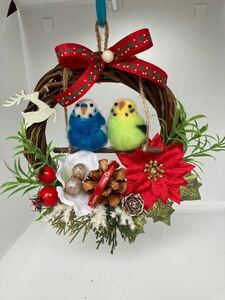 羊毛フェルト☆インコのクリスマスリース☆ブランコリース☆フラワーリース