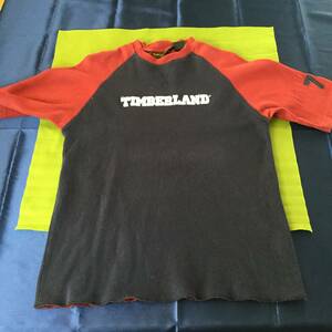 Timberland ティンバーランド ラグランスリーブ Tシャツ メンズ Sサイズ ネイビー×レッド フロントロゴ 袖プリントあり
