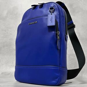 希少カラー/極美品◎ コーチ COACH グラハム メンズ ボディバッグ ショルダー 斜め掛け 本革 レザー 青 ブルー ビジネス スリング ロゴ金具