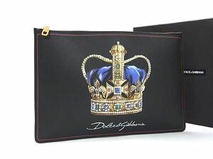 ■極美品■ DOLCE＆GABBANA ドルチェ&ガッバーナ レザー クラウン クラッチバッグ セカンドバッグ マルチポーチ　ブラック系 AZ1344