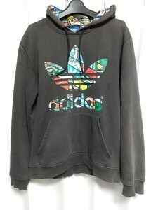 難あり品 adidas originals ビッグロゴ プリント 裏起毛 パーカー サイズＯ アディダス オリジナルス 中古 古着 カジュアル スポーツ PARKA